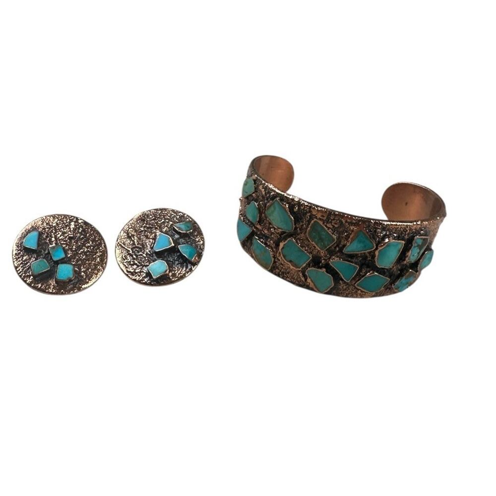 Vintage Bell Trading Post Corinthian Copper Turquoise Cuff Bracelet Set